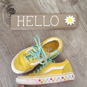 Children's Vans Yellow & White Rainbow Checkers Turquoise Laces Unisex